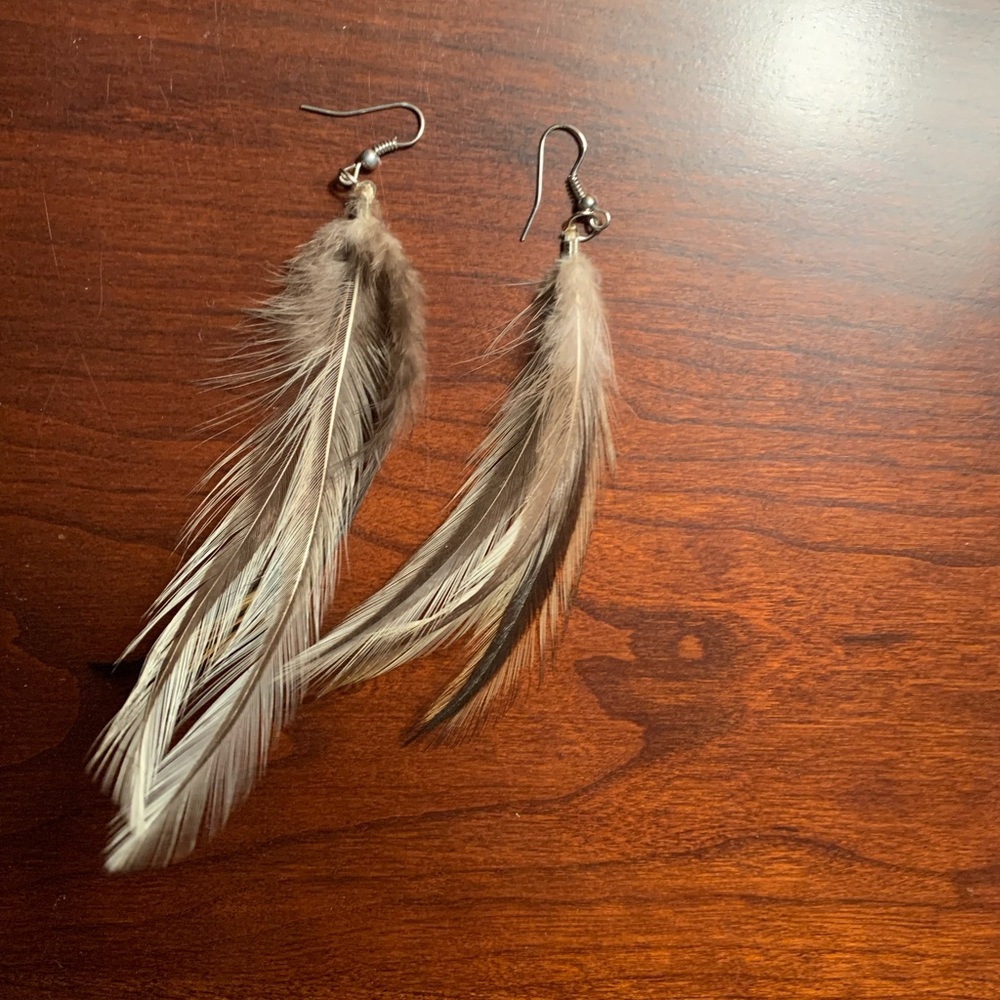 Gray brown feather earrings